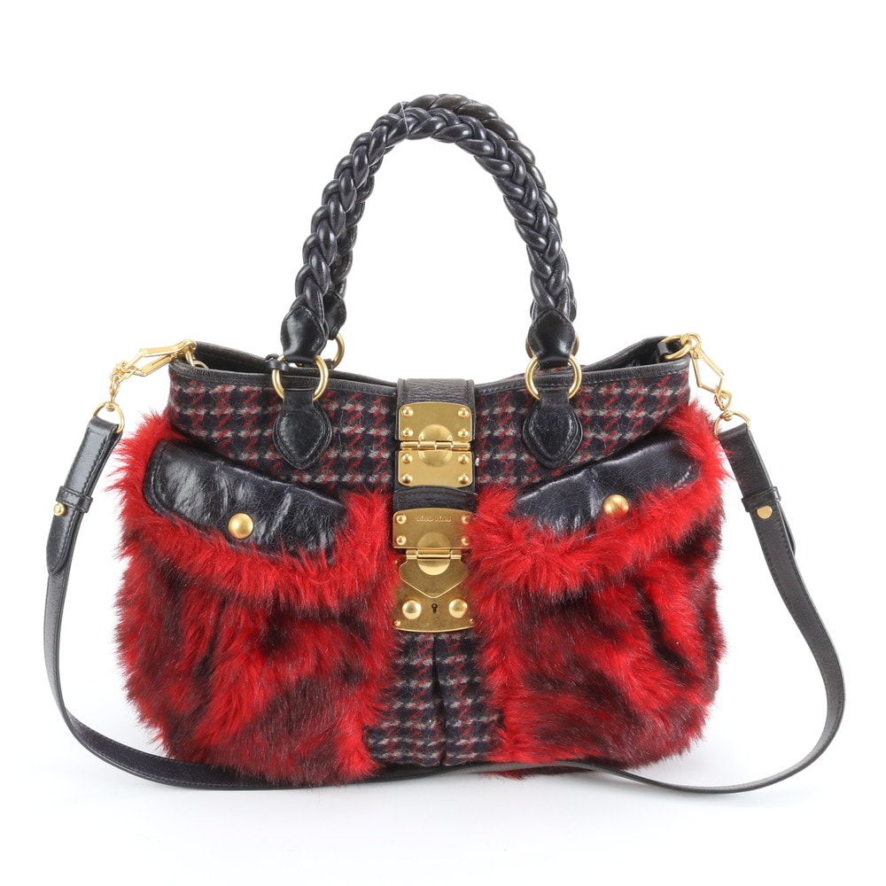 ■美品 ミュウミュウ 千鳥柄 ファーショルダーバッグ レザー