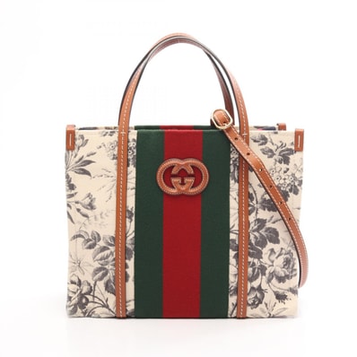 グッチ GUCCI インターロッキングG フローラ シェリーライン 2WAY トートバッグ バッグ キャンバス レザー レディース ホワイト系 / ブラウン系 / グレー系 727728 【中古】