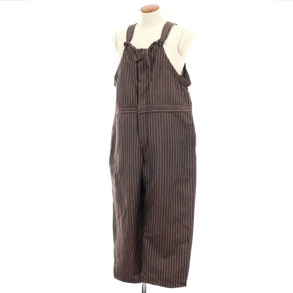 【中古】サスクワァッチファブリックス SASQUATCHfabrix. リネンコットンポリエステル ストライプ オーバーオール ブラウンxホワイト【サイズM】【メンズ】