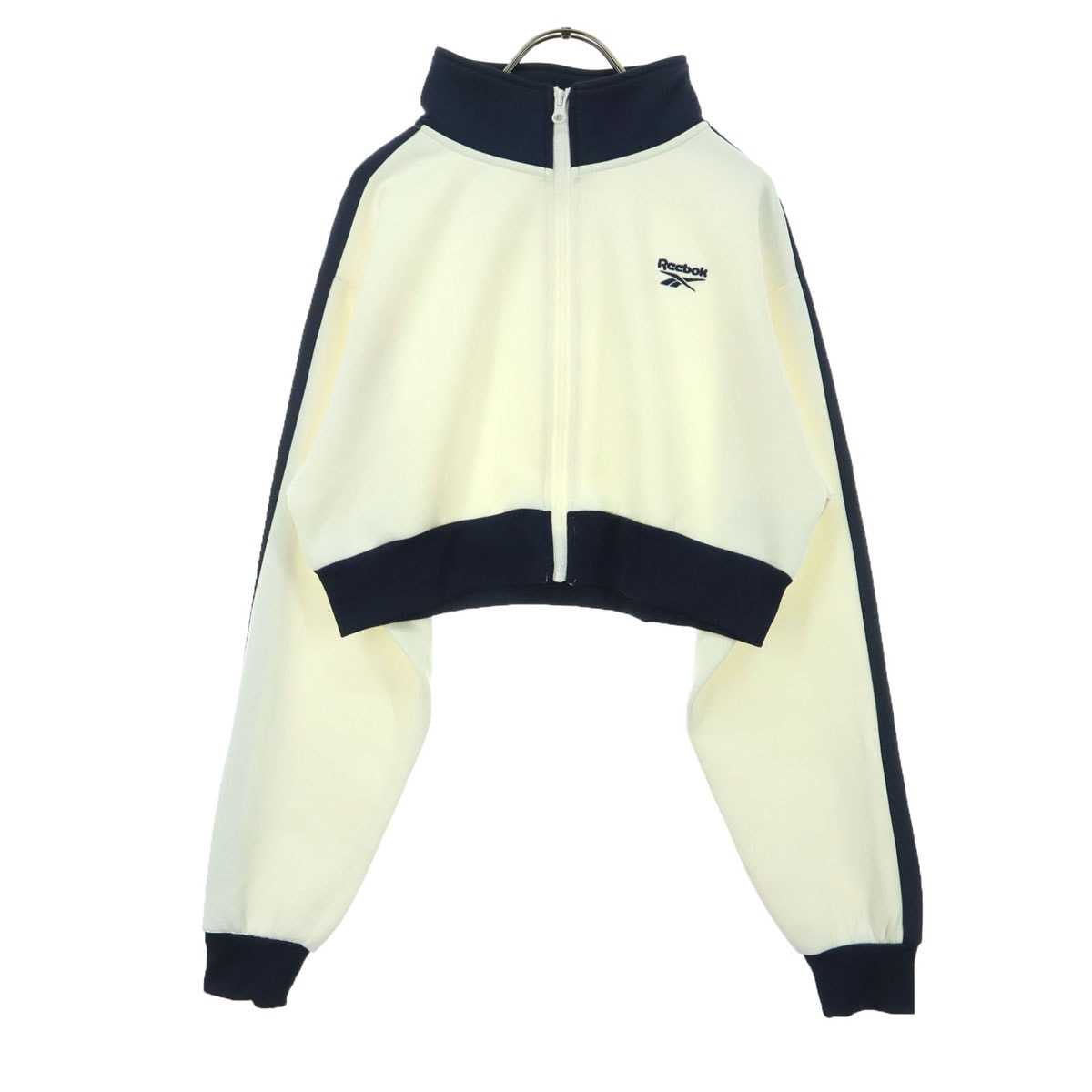 美品 Reebok リーボック バイカラー ロゴ刺繍 長袖 ショート丈 トラックジャケット M ホワイト