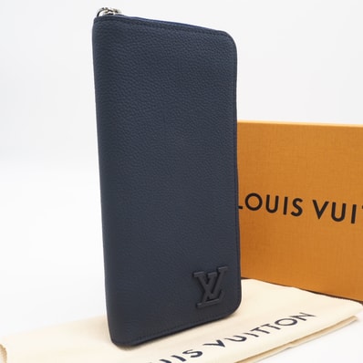 極美品 LOUIS VUITTON ルイ・ヴィトン LVアエログラム ジッピーヴェルティカル マリーヌ M81767 長財布 ネイビー グレインカーフレザー メンズ