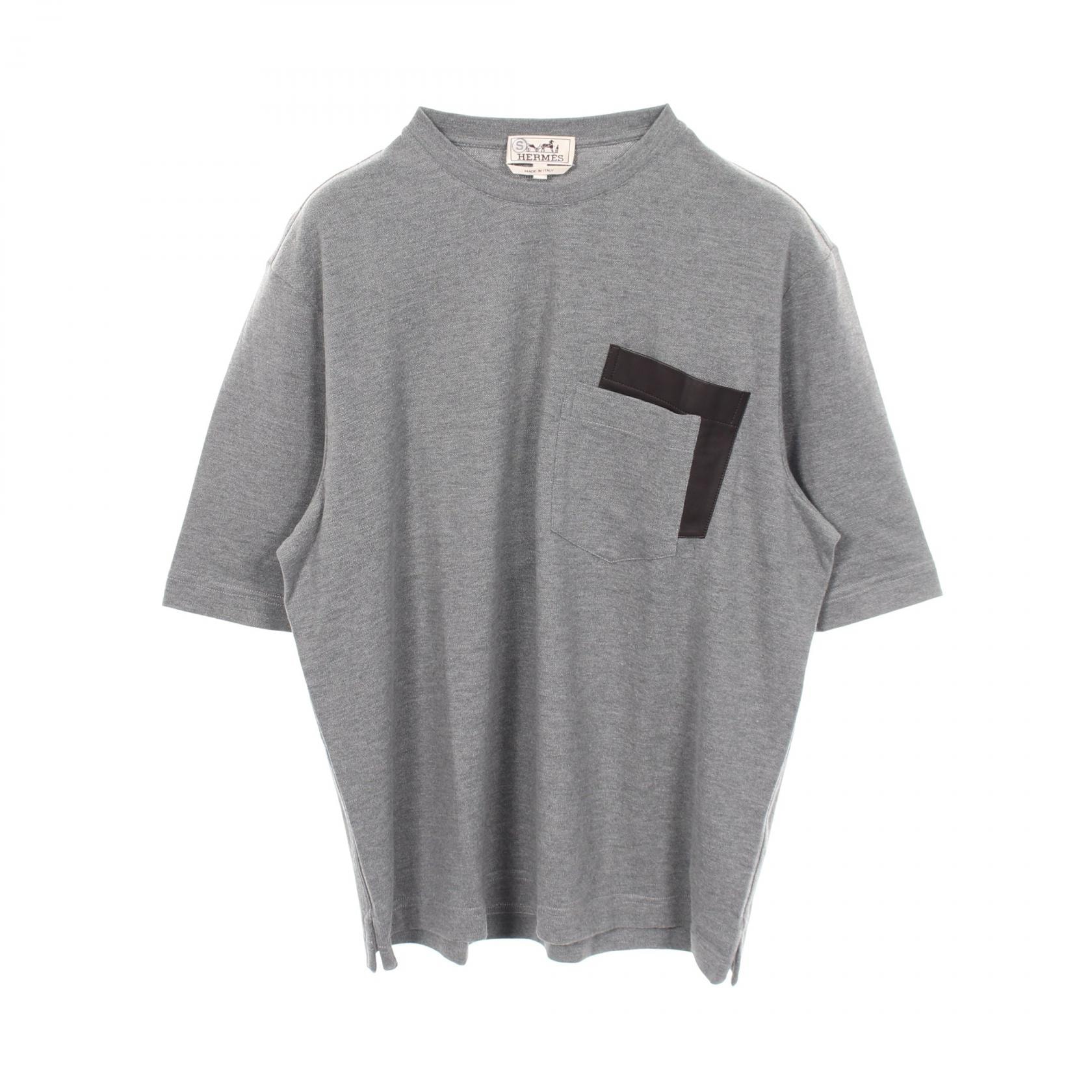 エルメス HERMES レザーポケット付き 長袖Tシャツ 衣料品 トップス コットン カシミヤ メンズ グレー系 【中古】