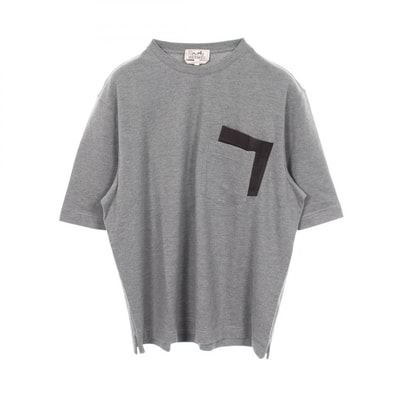 エルメス HERMES レザーポケット付き 長袖Tシャツ 衣料品 トップス コットン カシミヤ メンズ グレー系 【中古】