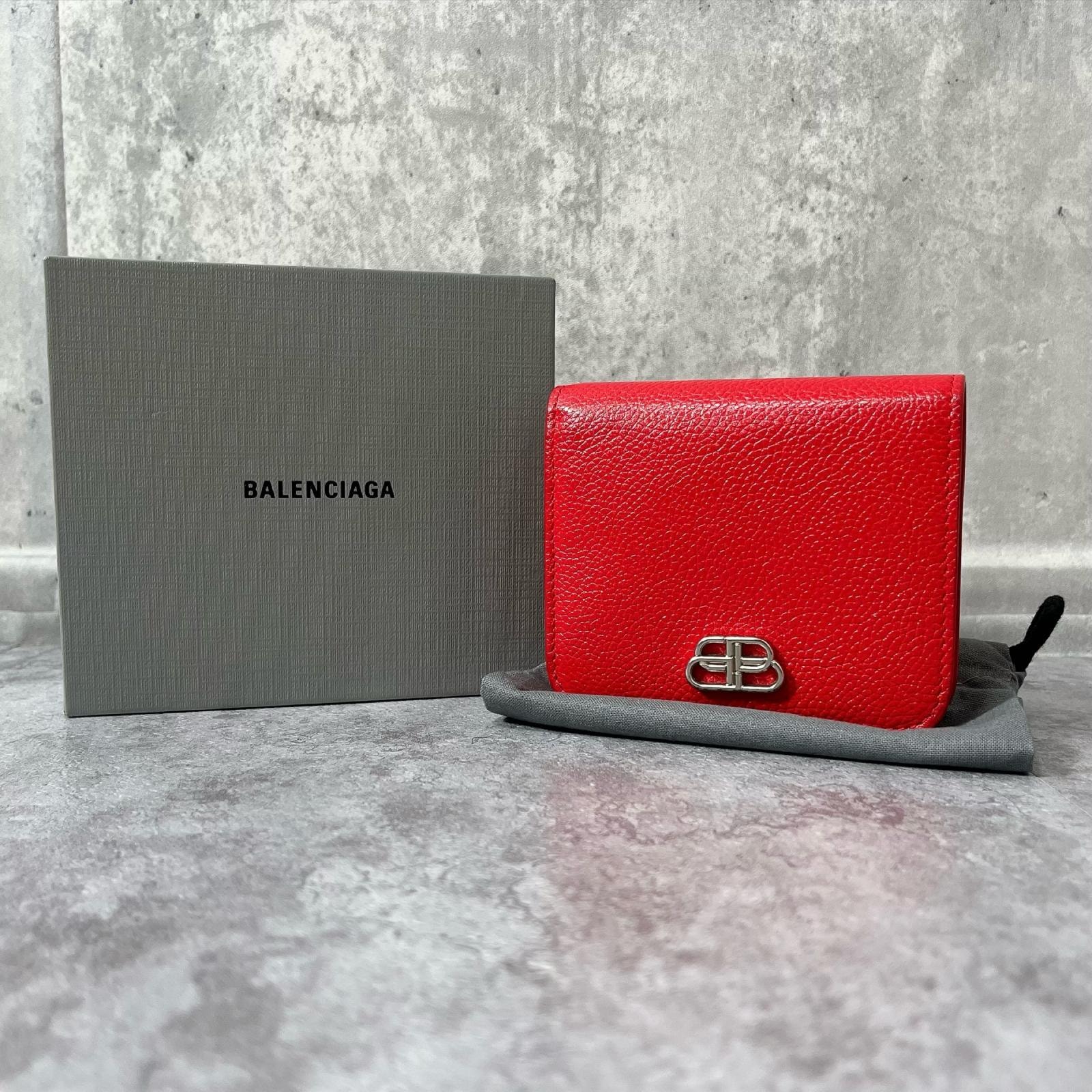 【BALENCIAGA】バレンシアガ 二つ折り財布 箱 保存袋付き BBロゴ コンパクトウォレット レッド レザー シルバー金具 レディース ミニ財布