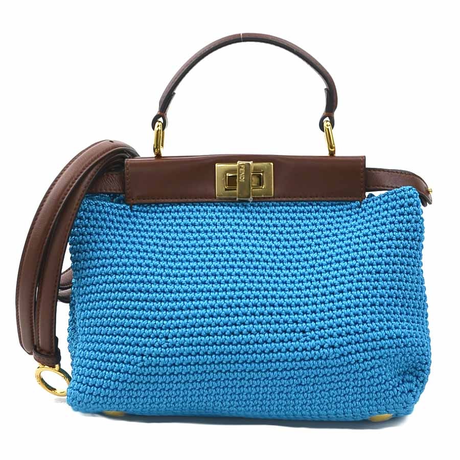 フェンディ FENDI ハンドバッグ ショルダーバッグ ミニ ピーカブー ポリエステル/レザー ブルー×ブラウン レディース 8BN244-AFP3【中古】 h30812a