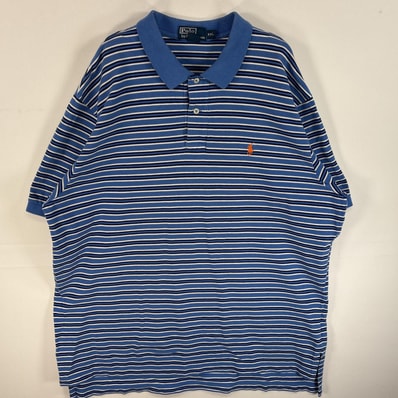 古着 90's/90年代 ポロバイラルフローレン Polo by Ralph Lauren 鹿の子 半袖 ポロシャツ ワンポイント ロゴ 刺繍 2ボタン 大きいサイズ 14041 ブルー系 ボーダー メンズ