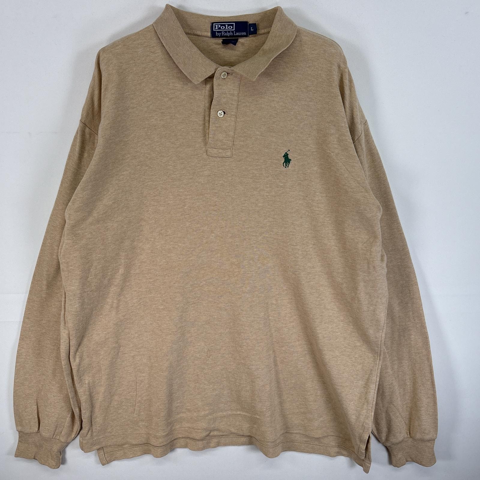 古着 90's/90年代 ポロバイラルフローレン Polo by Ralph Lauren 長袖 ポロシャツ ワンポイント ロゴ 刺繍 2ボタン 混色生地 L  ベージュ 無地 メンズ