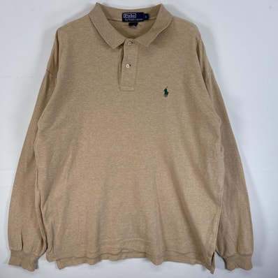 古着 90's/90年代 ポロバイラルフローレン Polo by Ralph Lauren 長袖 ポロシャツ ワンポイント ロゴ 刺繍 2ボタン 混色生地 L ベージュ 無地 メンズ