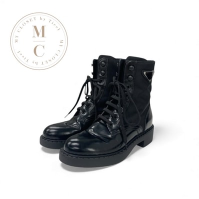 プラダ PRADA ブーツ ショートブーツ 靴 シューズ ナイロン レザー ブラック 黒 Re-Nylon ブラッシュドレザー トライアングルロゴ レースアップ