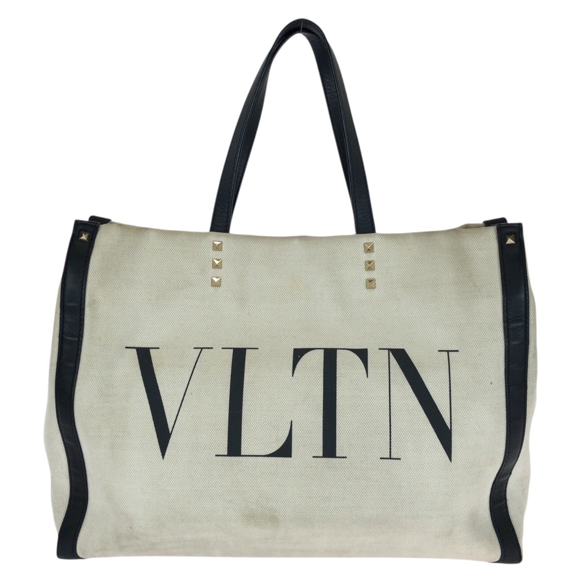 VALENTINO ヴァレンティノ ヴァレンティノ ガラヴァーニ ロックスタッズ VLTN オフホワイト ブラック ゴールド金具 キャンバス レザー/ トートバッグ 603487 【中古】
