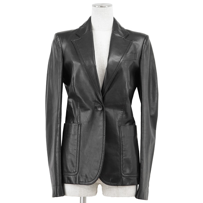 【美品】GUCCI グッチ ヴィンテージレザーテーラードジャケット サイズ 38 レディース トムフォード期 1B ノッチドラペル センターベント アウター ブラック 黒 イタリア製