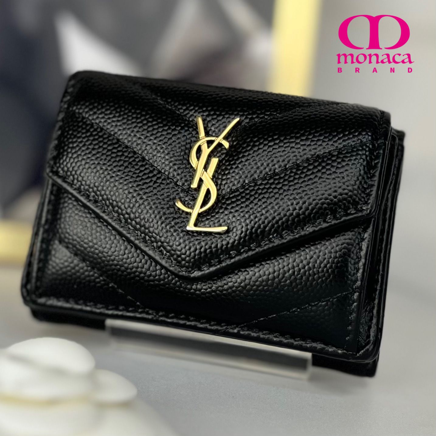 超極美品 SAINT LAURENT キルティング 三つ折り財布 ブラック
