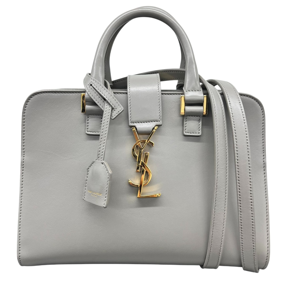 SAINT LAURENT 美品 サンローラン パリ ベイビーカバス 568853 2way ハンドバッグ ショルダーバッグ レザー パールグレー グレージュ イヴサンローラン YSL モノグラム ABランク 中古 鑑定済 サンローランバッグ