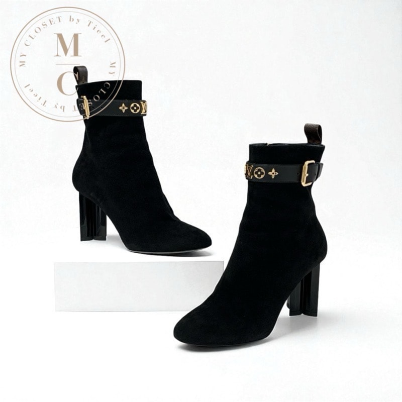 ルイヴィトン LOUIS VUITTON シルエットライン モノグラム ブーツ ショートブーツ 靴 シューズ スエード ブラック 黒 ゴールド アンクルブーツ LVロゴ