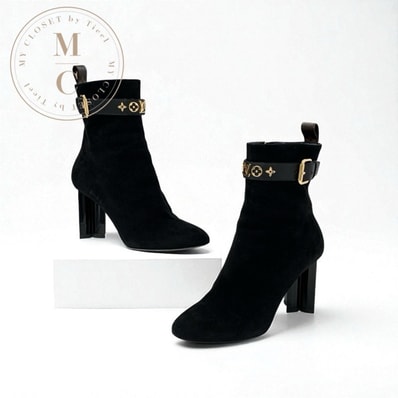 ルイヴィトン LOUIS VUITTON シルエットライン モノグラム ブーツ ショートブーツ 靴 シューズ スエード ブラック 黒 ゴールド アンクルブーツ LVロゴ