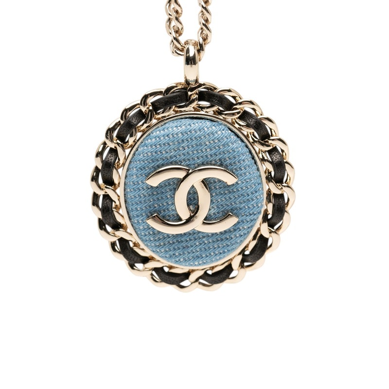 シャネル ココマーク チェーン ネックレス B25P ゴールド ブルー ブラック メッキ レザー デニム レディース CHANEL 【中古】