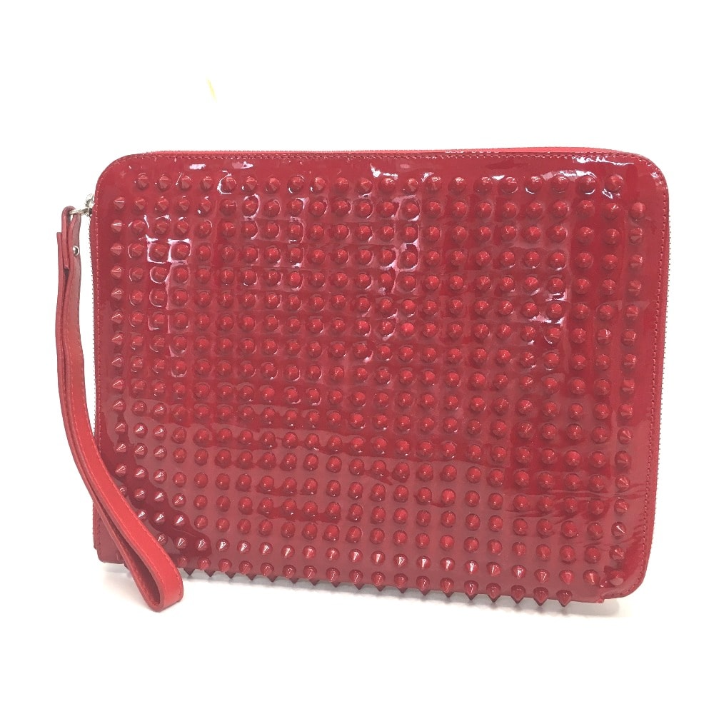 クリスチャンルブタン Christian Louboutin クラッチバッグ スパイクスタッズ カバン iPadケース エナメル/レザー レッド