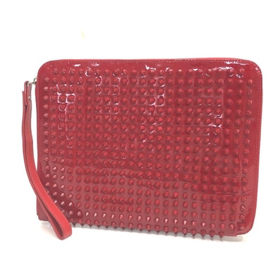クリスチャンルブタン Christian Louboutin クラッチバッグ スパイクスタッズ カバン iPadケース エナメル/レザー レッド