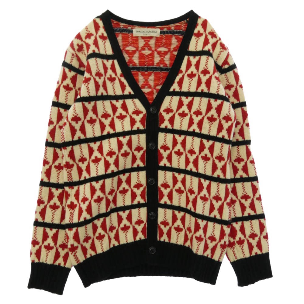 WACKO MARIA ワコマリア ウール 総柄 カーディガン レッド系 オフホワイト系 S【中古】