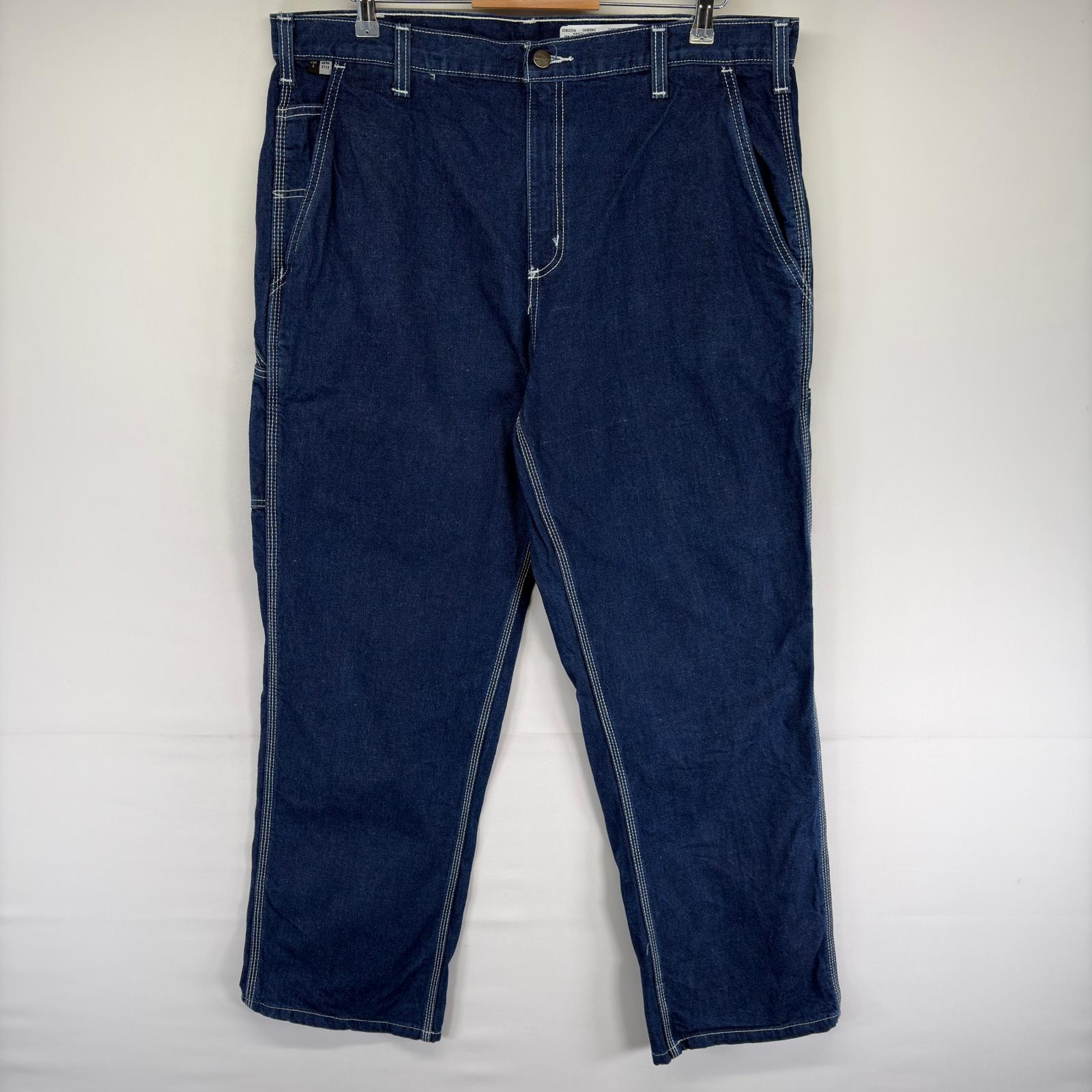 古着 カーハート Carhartt パンツ ワーク ワンポイント ジップ ツールポケット FR ジーンズ ジーパン w38 L32  ブルー系 メンズ