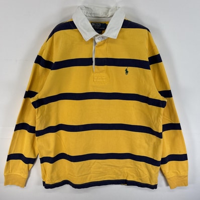 古着 90's/90年代 ポロバイラルフローレン Polo by Ralph Lauren 長袖 ラガーシャツ ワンポイント ロゴ 刺繍 CUSTOM FIT ラバーボタン L イエロー系 ボーダー メンズ