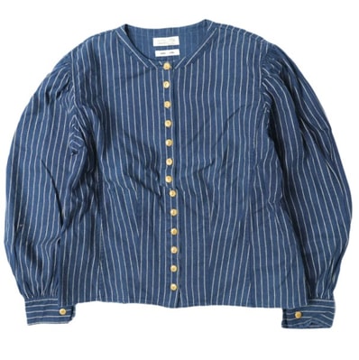 BEAMS BOY ビームスボーイ 日本製 ウォバッシュストライプノーカラーシャツ 1311-0016-818 ONE SIZE Indigo 長袖 バンドカラー トップス g27630