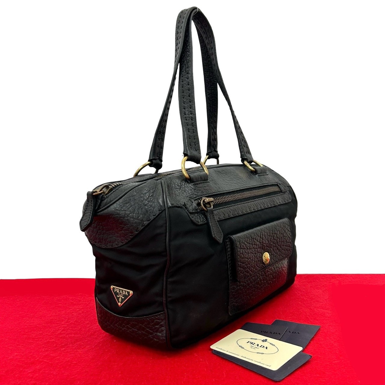PRADA プラダ 三角ロゴ 金具 ナイロン レザー トートバッグ ブラック
14512