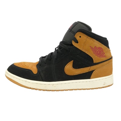 NIKE HV4091-002 AIR JORDAN 1 MID SE BLACK/FLAX-VARSITY RED-SAIL ミッド SE ブラック フラックス バーシティレッド セイル スニーカー ブラック系 ライトブラウン系 28cm【中古】