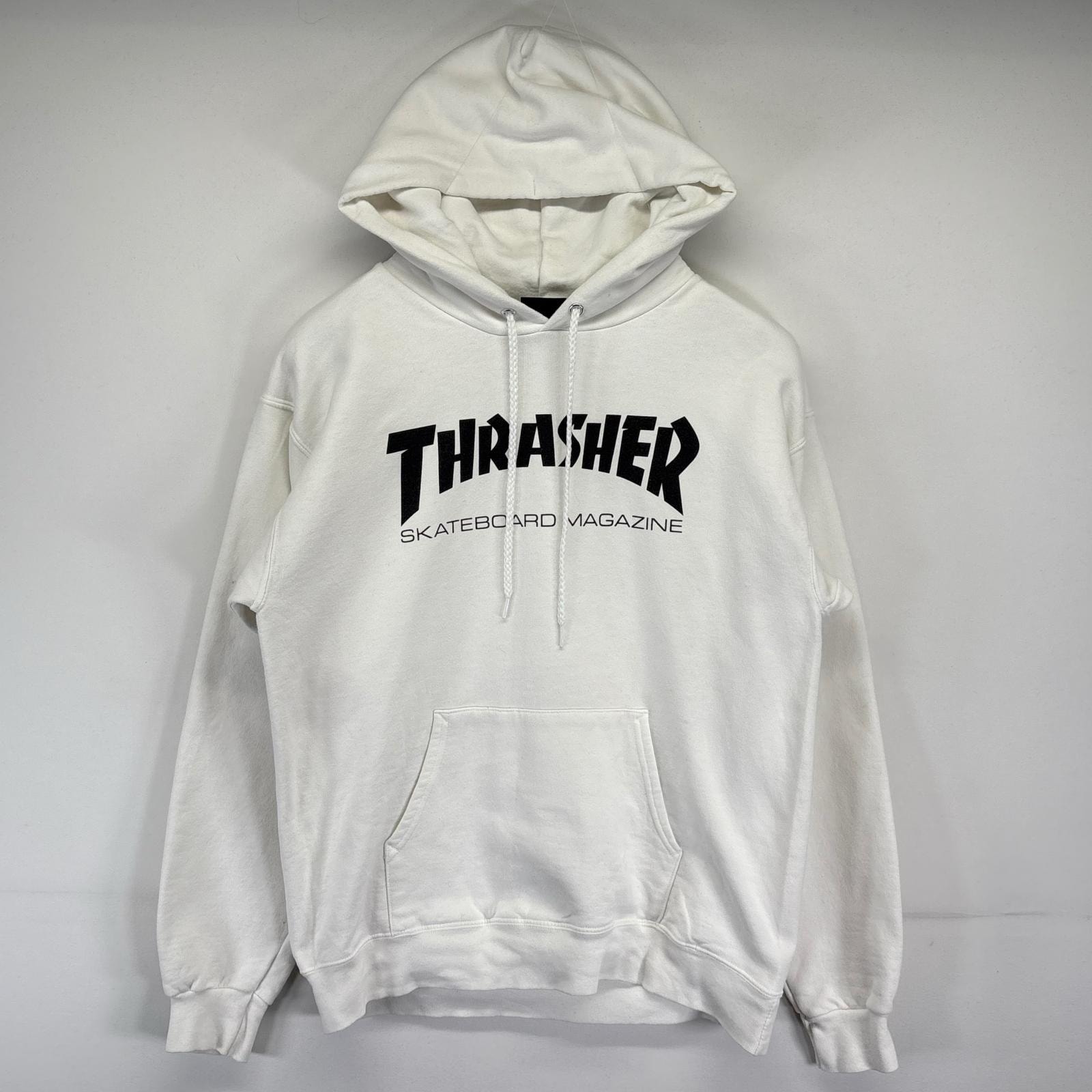 古着 スラッシャー THRASHER パーカー フード プルオーバー ビックロゴプリント ストリート スケボー S  ホワイト系 メンズ