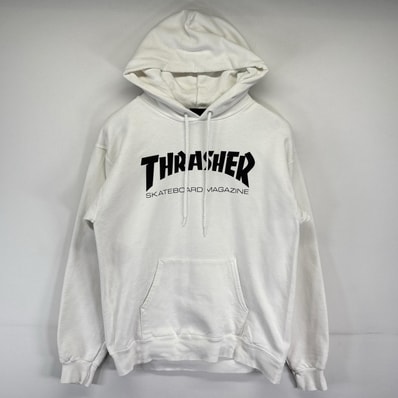 古着 スラッシャー THRASHER パーカー フード プルオーバー ビックロゴプリント ストリート スケボー S ホワイト系 メンズ