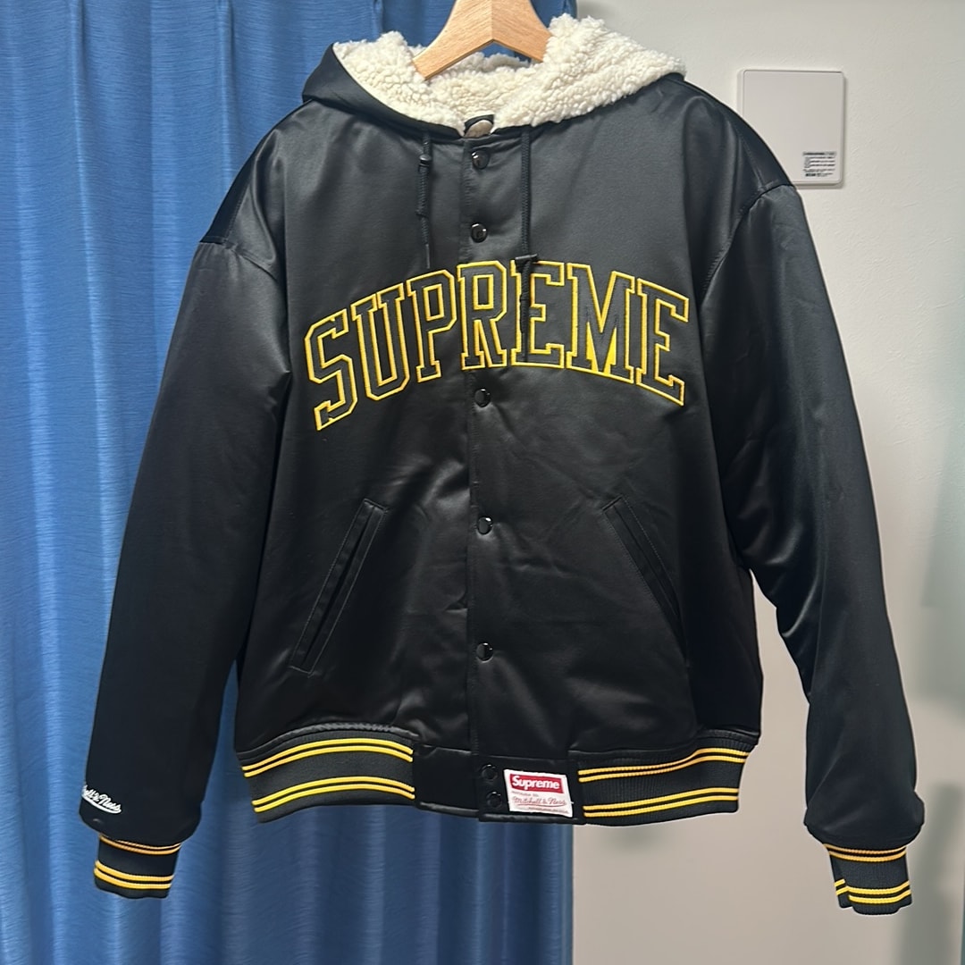 Supreme x Mitchell & Ness Lined Hooded Satin Varsity Jacket "Black"