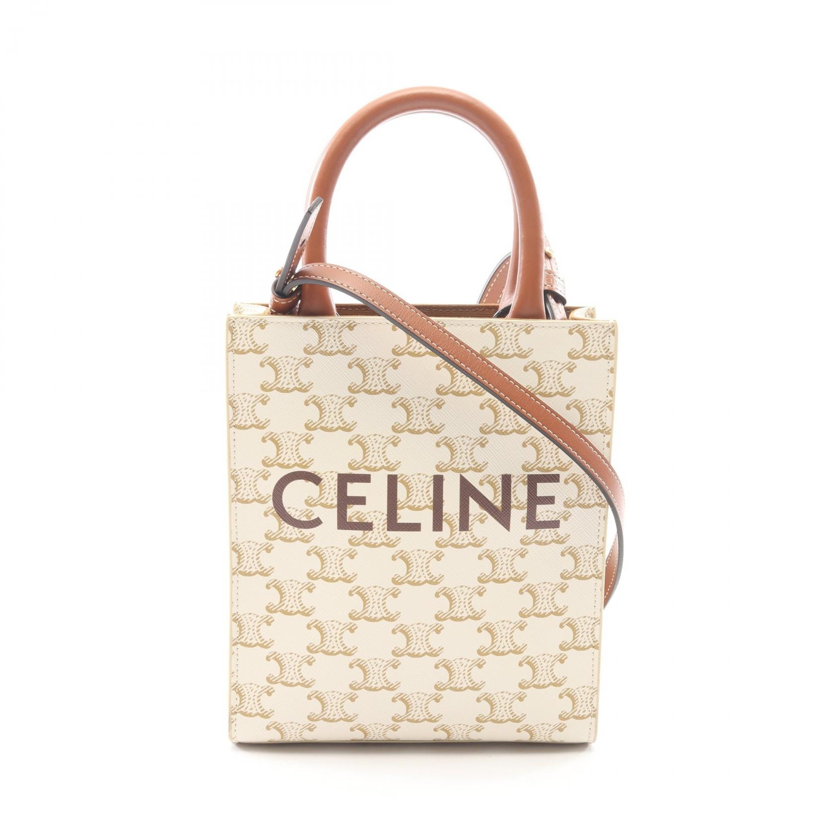 セリーヌ CELINE ミニ バーティカルカバ トリオンフ 2WAY ハンドバッグ バッグ PVCコーティングキャンバス レザー レディース アイボリー系 / ブラウン系 194372BZK-01BC 【中古】