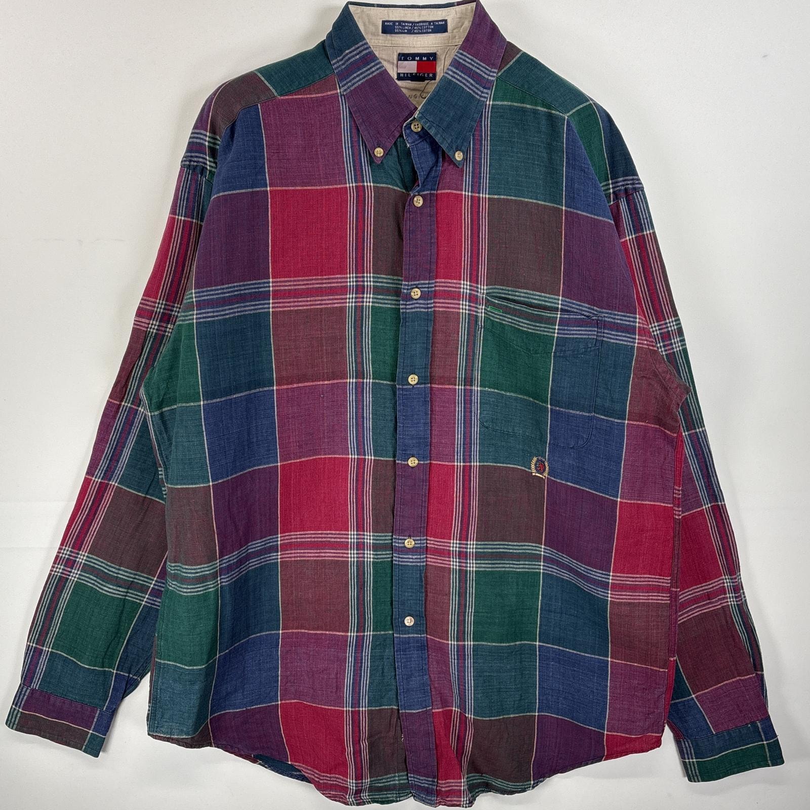 古着 90's/90年代 トミーヒルフィガー TOMMY HILFIGER 長袖シャツ ボタンダウンシャツ ワンポイント ロゴ 刺繍 リネンシャツ L  パープル系 マルチカラー メンズ