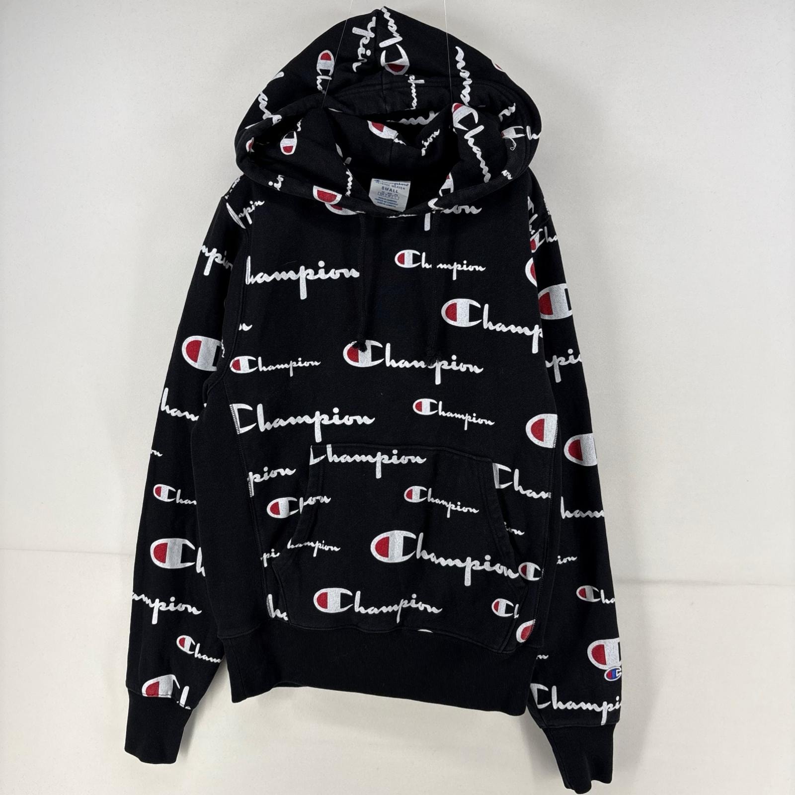 古着 チャンピオン Champion パーカー プルオーバー ロゴ リバースウィーブ スウェット 総柄 S ブラック 総柄 メンズ