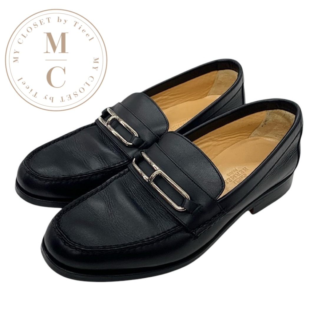 エルメス HERMES コレット ローファー 革靴 靴 シューズ レザー ブラック 黒 シルバー モカシン フラットシューズ メンズ