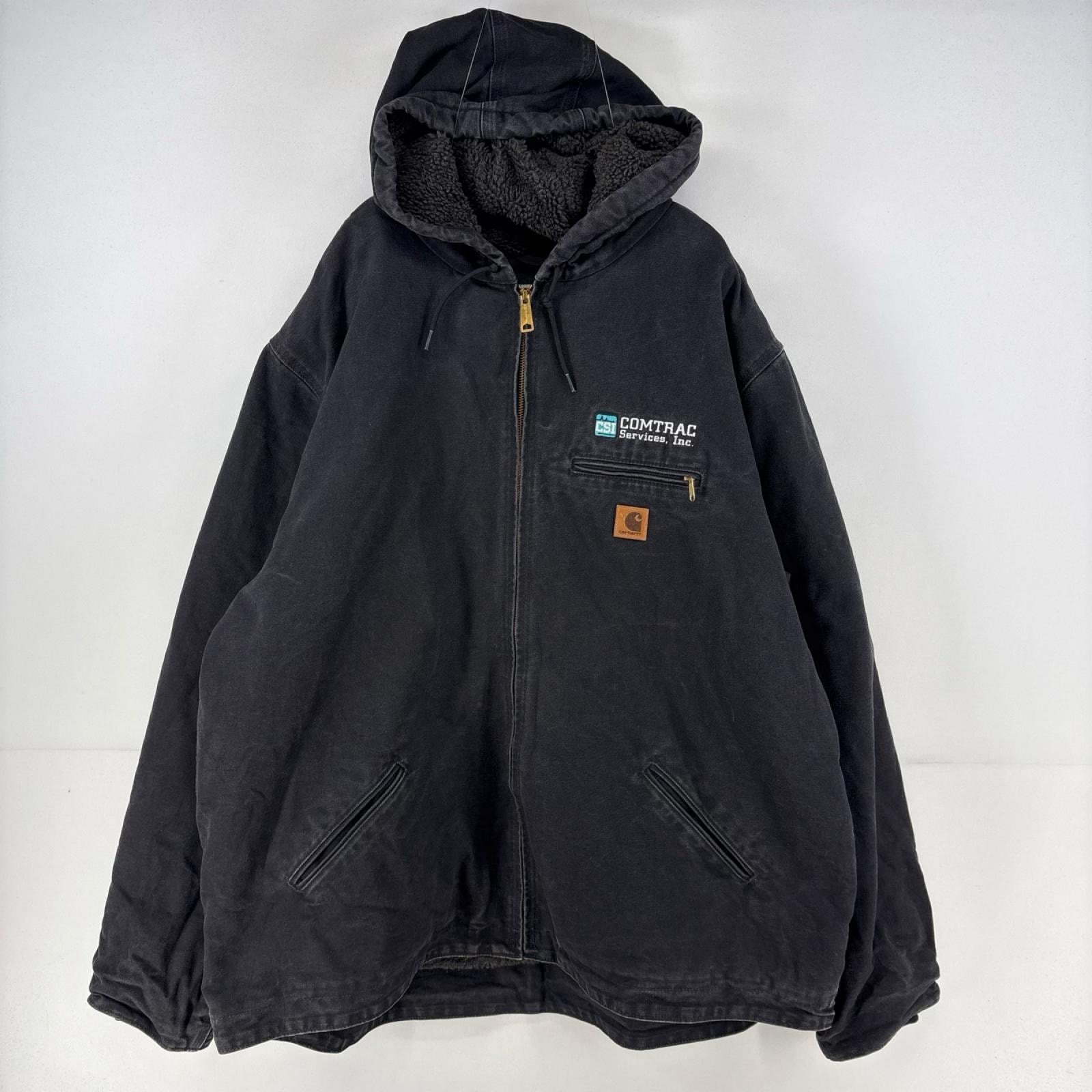 古着 カーハート Carhartt ダック ジャケット 中綿 ロゴ シエラジャケット ワーク パーカー ボア フルジップ 3XL  ブラック メンズ