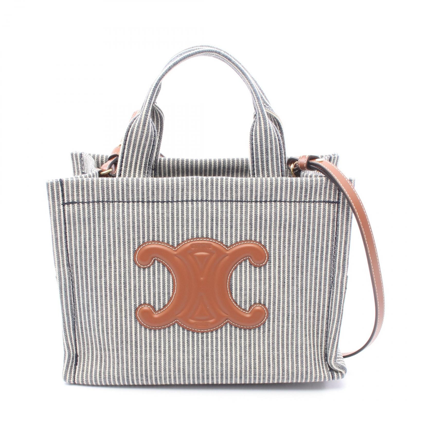 セリーヌ CELINE SMALL CABAS スモール カバ タイス トートバッグ バッグ キャンバス レザー レディース ネイビー系 / ホワイト系 / ブラウン系 199162 【中古】