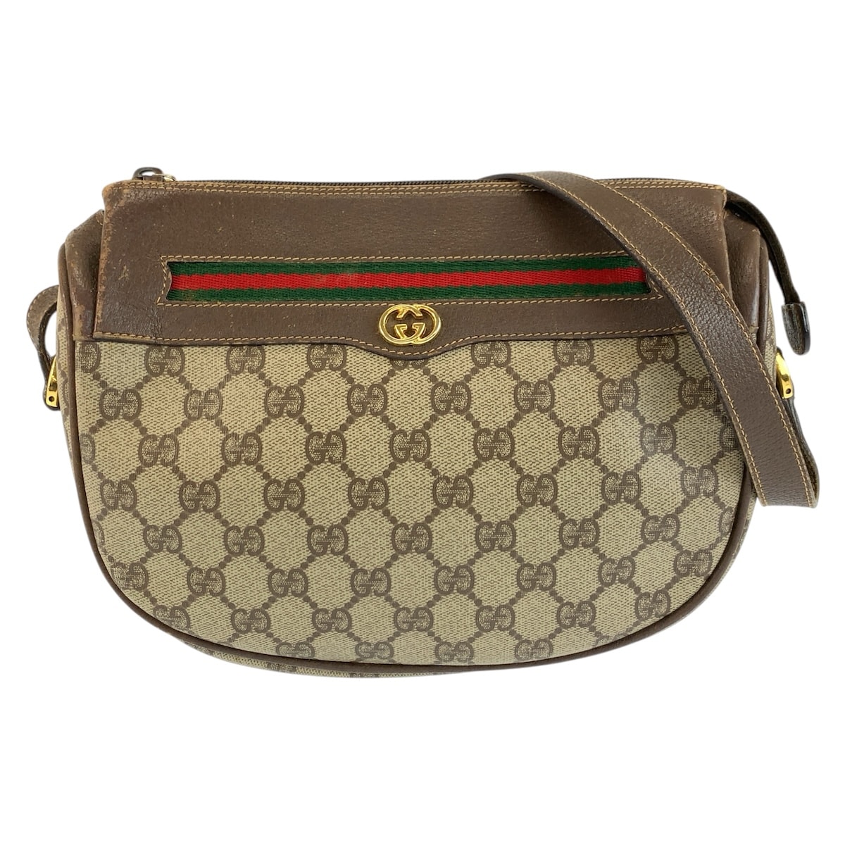 GUCCI グッチ ヴィンテージ シェリーライン ベージュ ブラウン ゴールド金具 GGスプリームキャンバス レザー/ ショルダーバッグ ポシェット 604703 【中古】