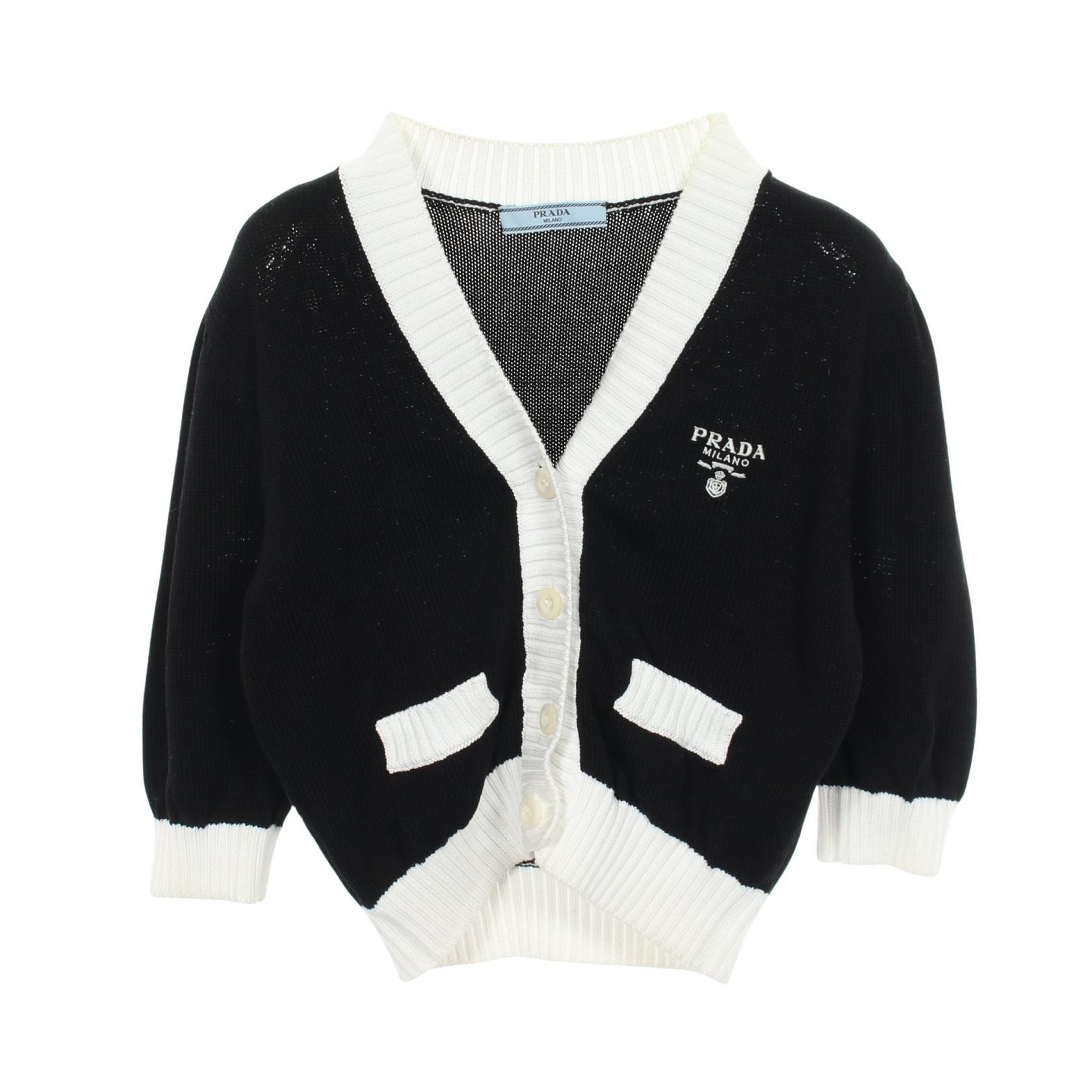 プラダ PRADA ロゴ刺繍 クロップド カーディガン 衣料品 トップス コットン レディース ブラック系 / ホワイト系 【中古】