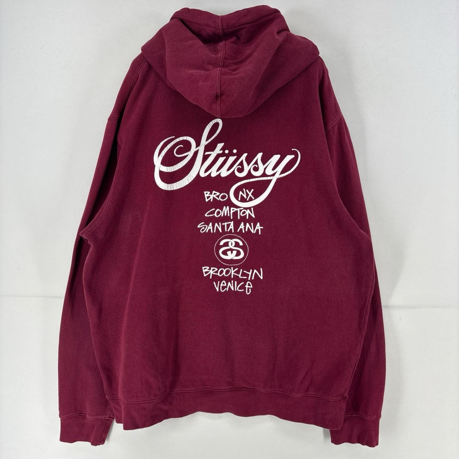古着 ステューシー STUSSY USA製 パーカー スウェット バックプリント ストリート ロゴ ボルドー 大きいサイズ 2XL  レッド メンズ