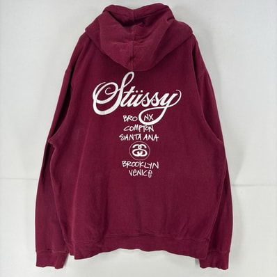 古着 ステューシー STUSSY USA製 パーカー スウェット バックプリント ストリート ロゴ ボルドー 大きいサイズ 2XL レッド メンズ