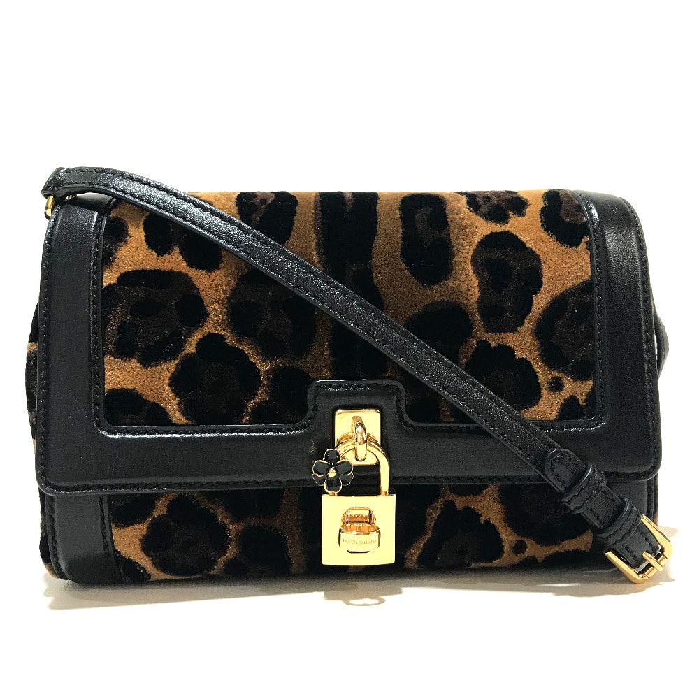 ドルチェアンドガッバーナ DOLCE&GABBANA レオパード フラワーロック金具 ヒョウ 豹柄 カバン 斜め掛け バッグ ショルダーバッグ ベルベット ブラック×ブラウン 新品同様