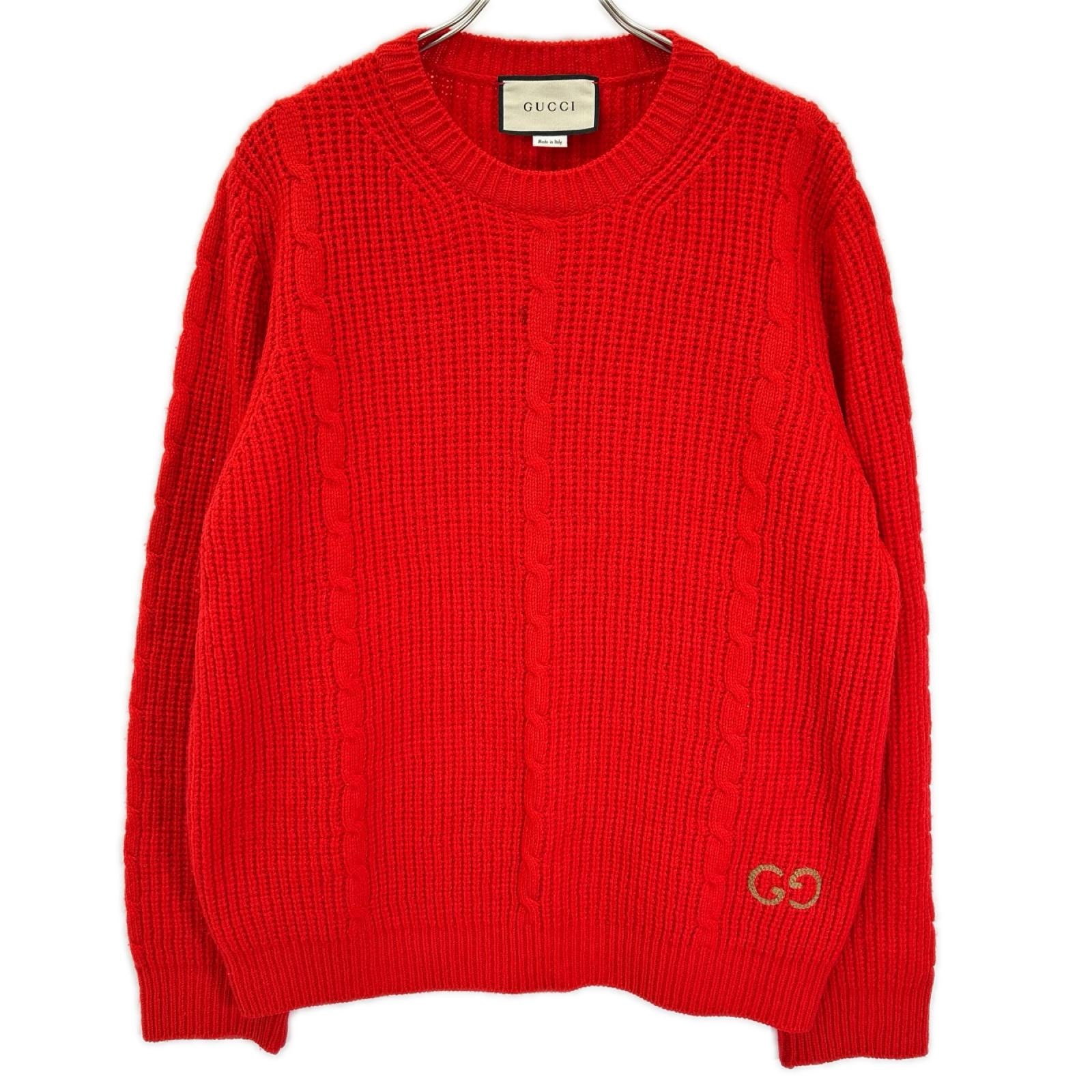 グッチ 597732 レッド ワッフル GGジャンパー ケーブルニットセーター M