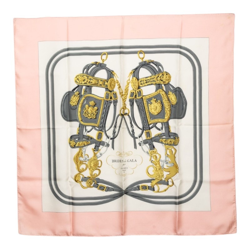 エルメス カレ90 BRIDES de GALA 式典用馬勒 スカーフ 大判 ピンク マルチカラー シルク レディース HERMES 【中古】