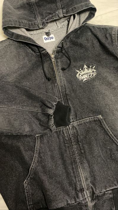 9090 King Logo Vintage Denim Hoodie "Black"