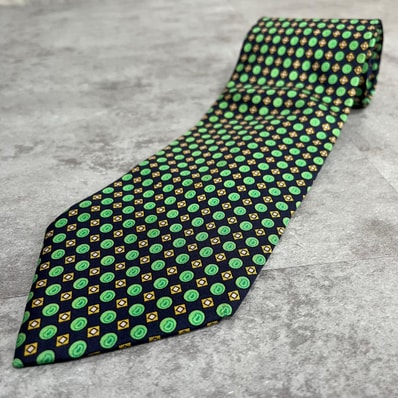 【Christian Dior】クリスチャンディオール 幾何学柄ネクタイ メダリオン 小紋 オーバル ダイヤ ネイビー グリーン ゴールド 総柄 メンズ