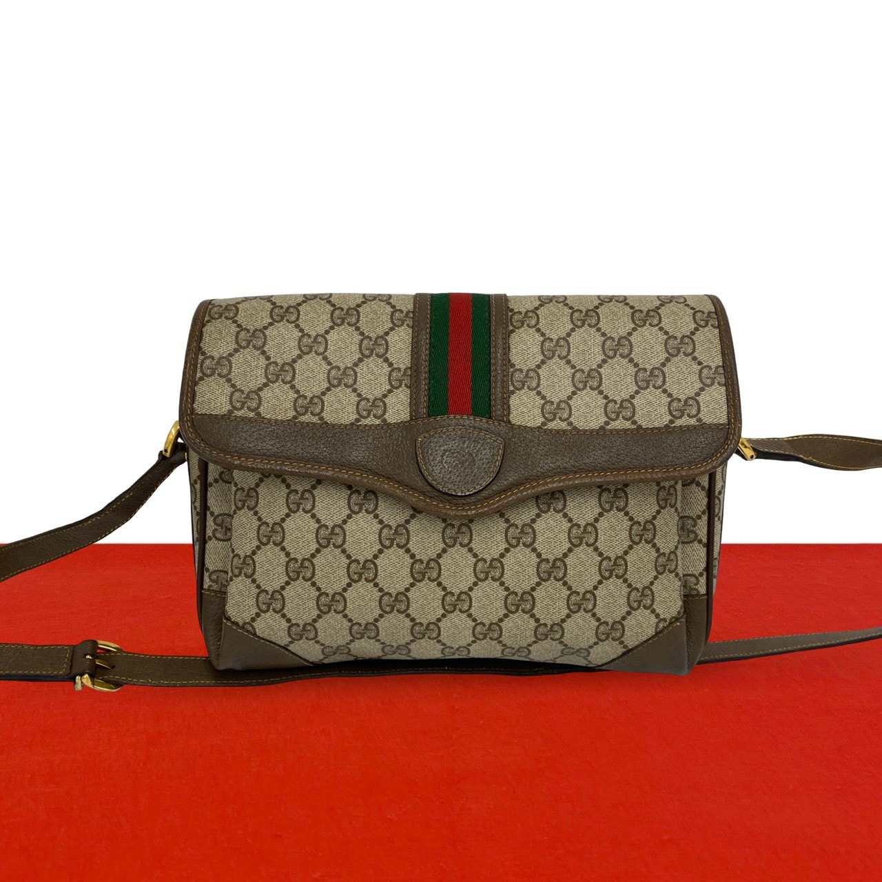 GUCCI グッチ シェリーライン GG ロゴ 柄 レザー PVC ショルダーバッグ ブラウン
 537-5