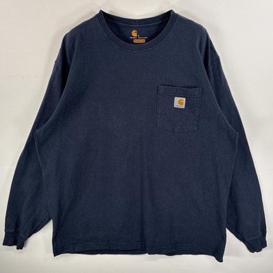 古着 カーハート Carhartt 長袖Tシャツ ワンポイント ロゴ 肉厚 胸ポケ L ネイビー 無地 メンズ