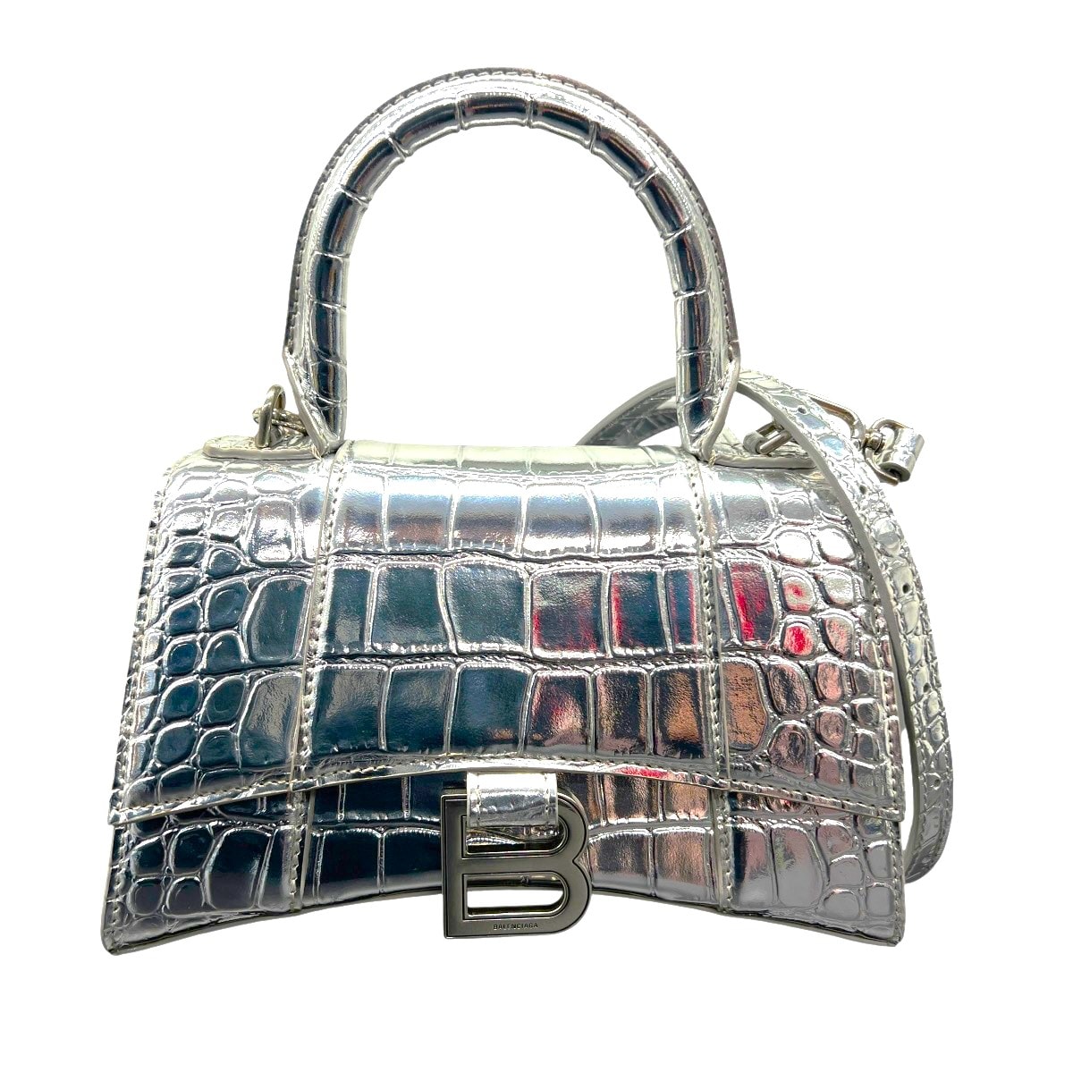 BALENCIAGA 極美品 バレンシアガ アワーグラス XS クロコ型押し 2way ハンドバッグ ショルダーバッグ 592833 レザー シルバー シルバー金具 クロスボディ ポシェット ユニセックス Aランク 中古 鑑定済 バレンシアガバッグ