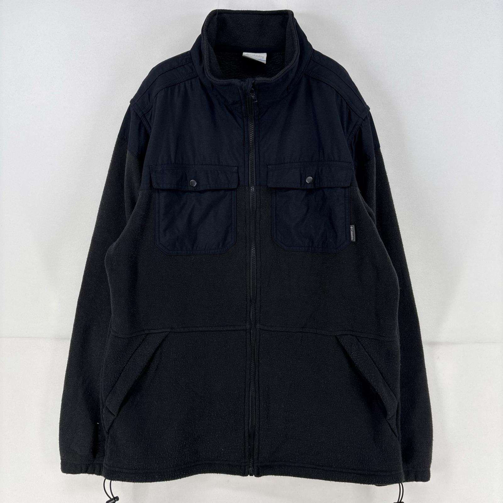 古着 コロンビア Columbia フリース ニット ジャケット ナイロン切替え フルジップ 胸ポケット L  ブラック 無地 メンズ